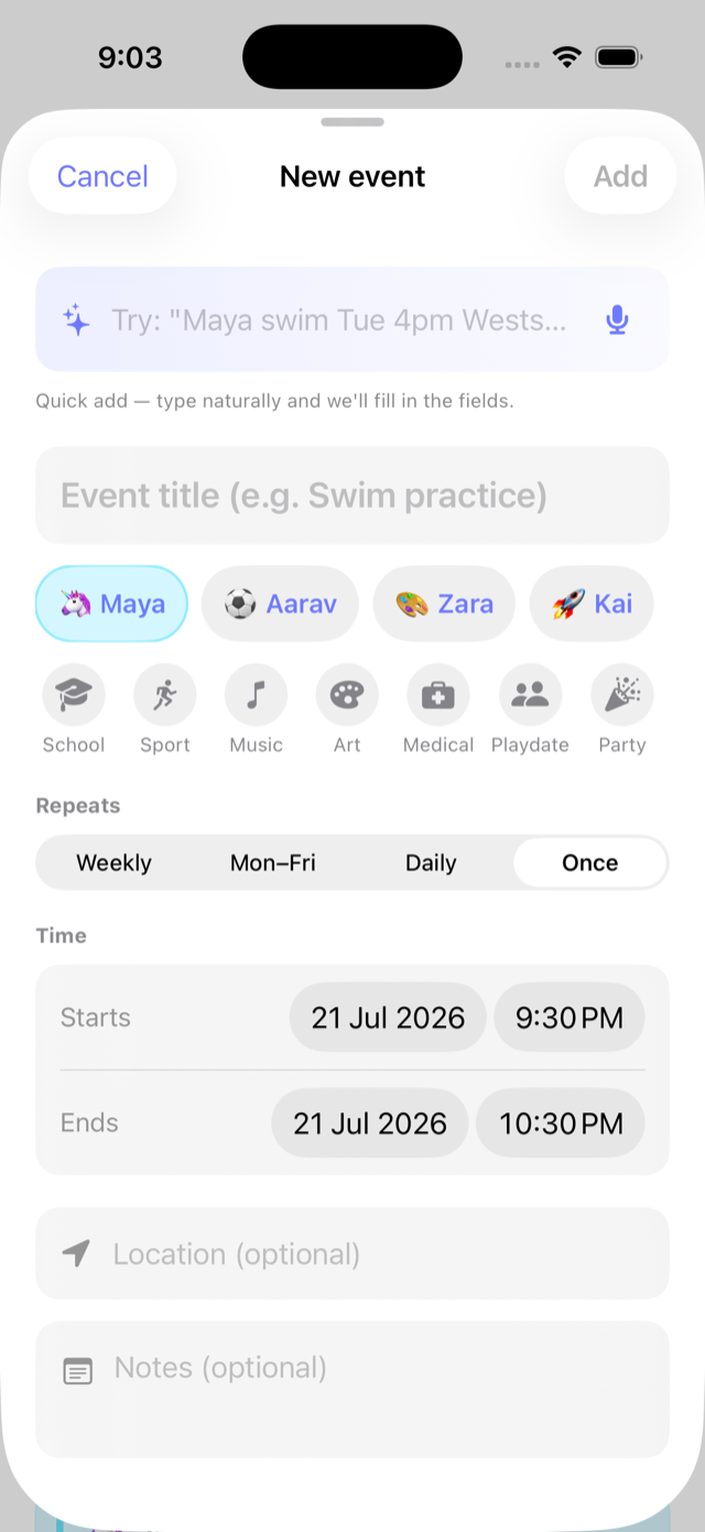 Skedo quick-add event screen